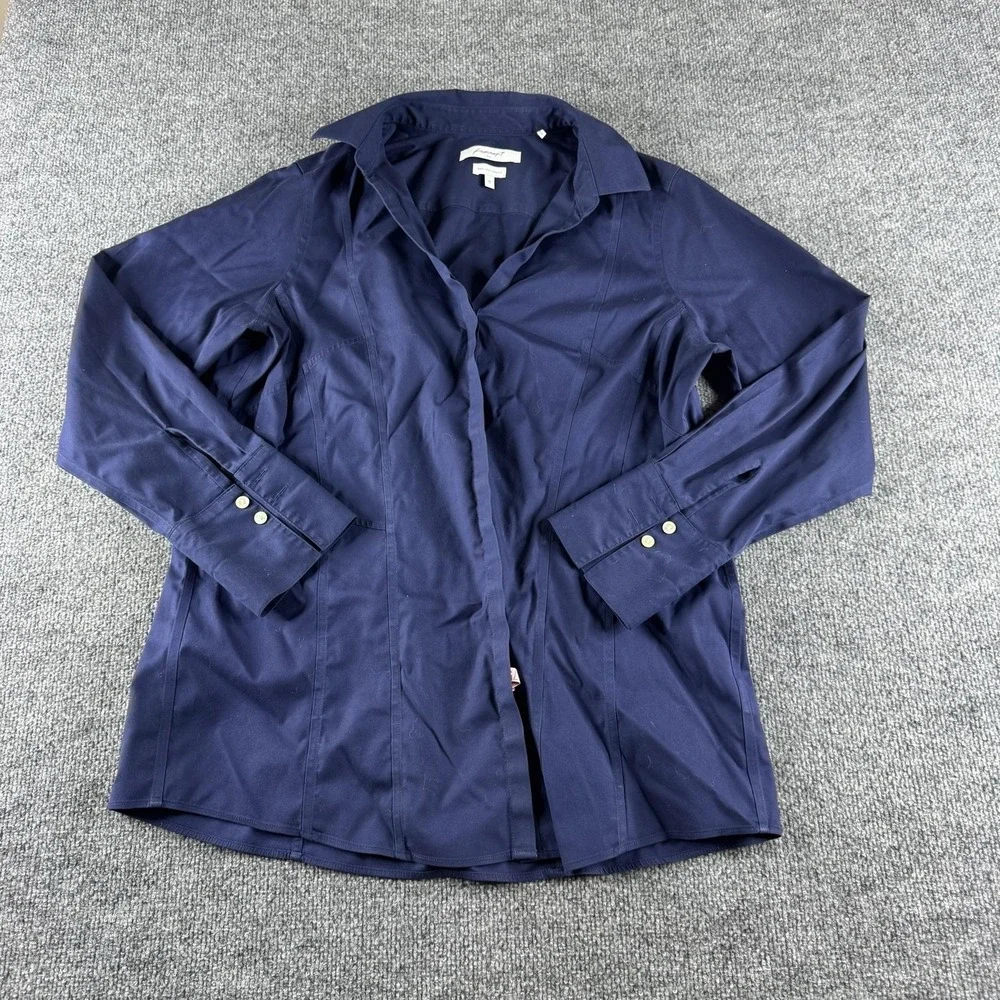 Foxcroft Shirt Womens 12 Blue Non Iron Stretch Button Up Long Sleeve Top